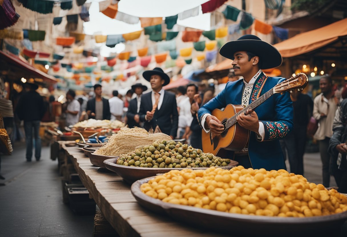 A vibrant market with colorful textiles, pottery, and traditional crafts. A mariachi band plays in the background as visitors sample street food and admire the architecture