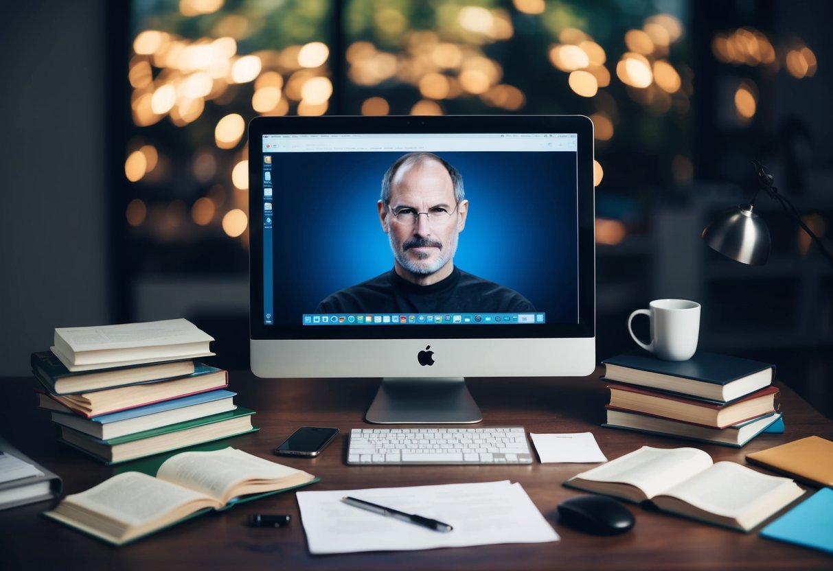 Uma mesa desordenada com livros espalhados, um diploma e um computador mostrando uma biografia de Steve Jobs