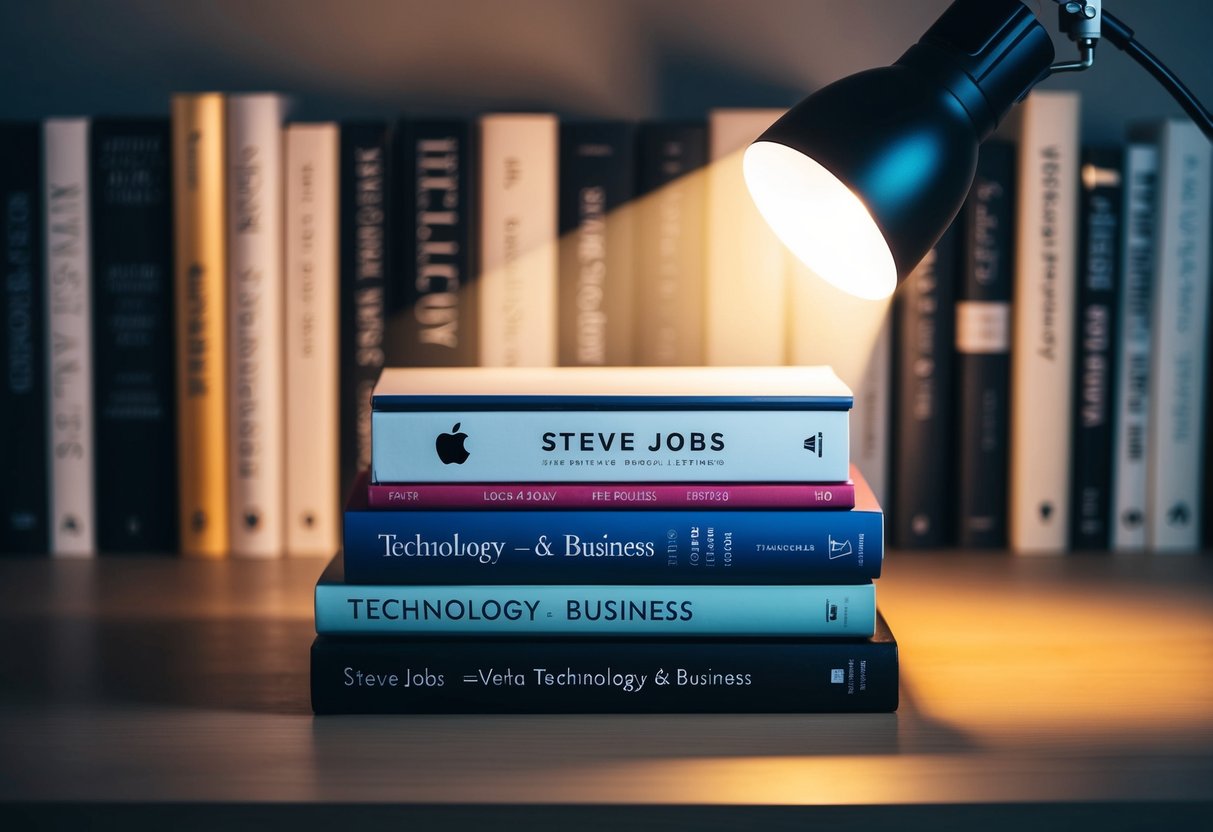 Uma pilha de livros sobre tecnologia e negócios, com um holofote iluminando uma biografia de Steve Jobs