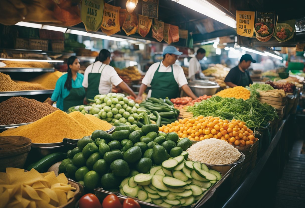 A bustling Mexican market with colorful stalls selling fresh produce, spices, and traditional cookware. The scent of sizzling tacos fills the air