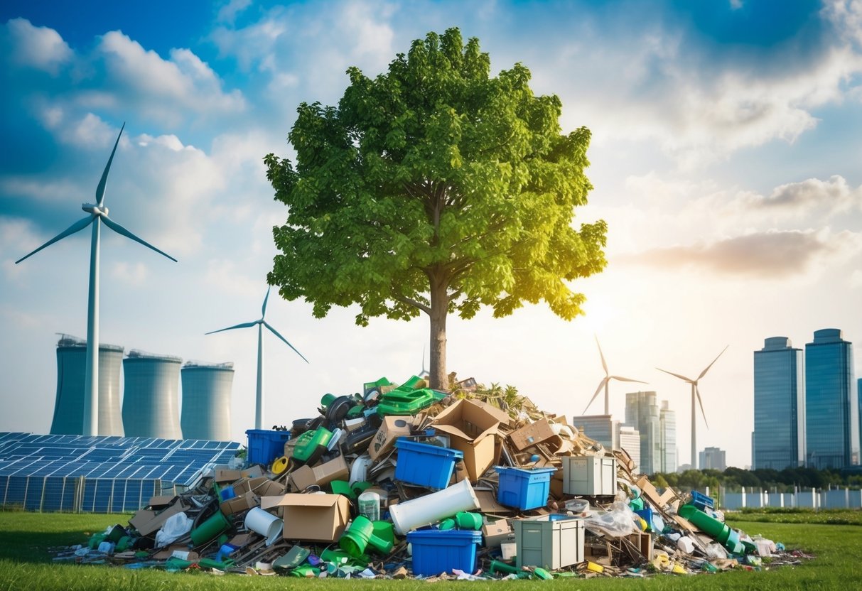 Uma árvore crescendo de uma pilha de materiais recicláveis, cercada por fontes de energia limpa e edifícios sustentáveis.