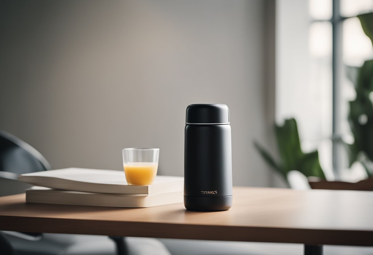 Um elegante e moderno termo em cima de uma mesa limpa e minimalista, com uma luz natural suave iluminando a cena.