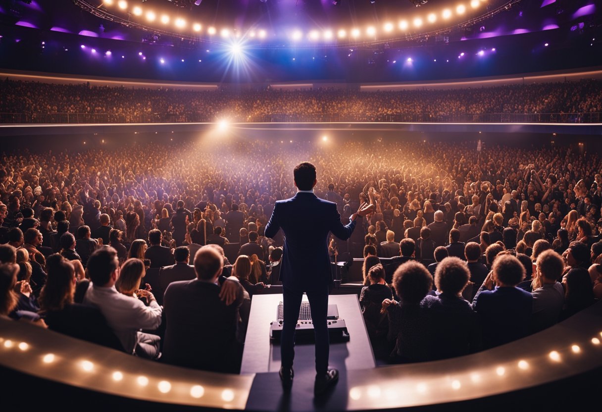 Um palco colorido com um holofote, cercado por uma plateia de pessoas diversas, todas envolvidas e cativadas pelas palavras do palestrante.