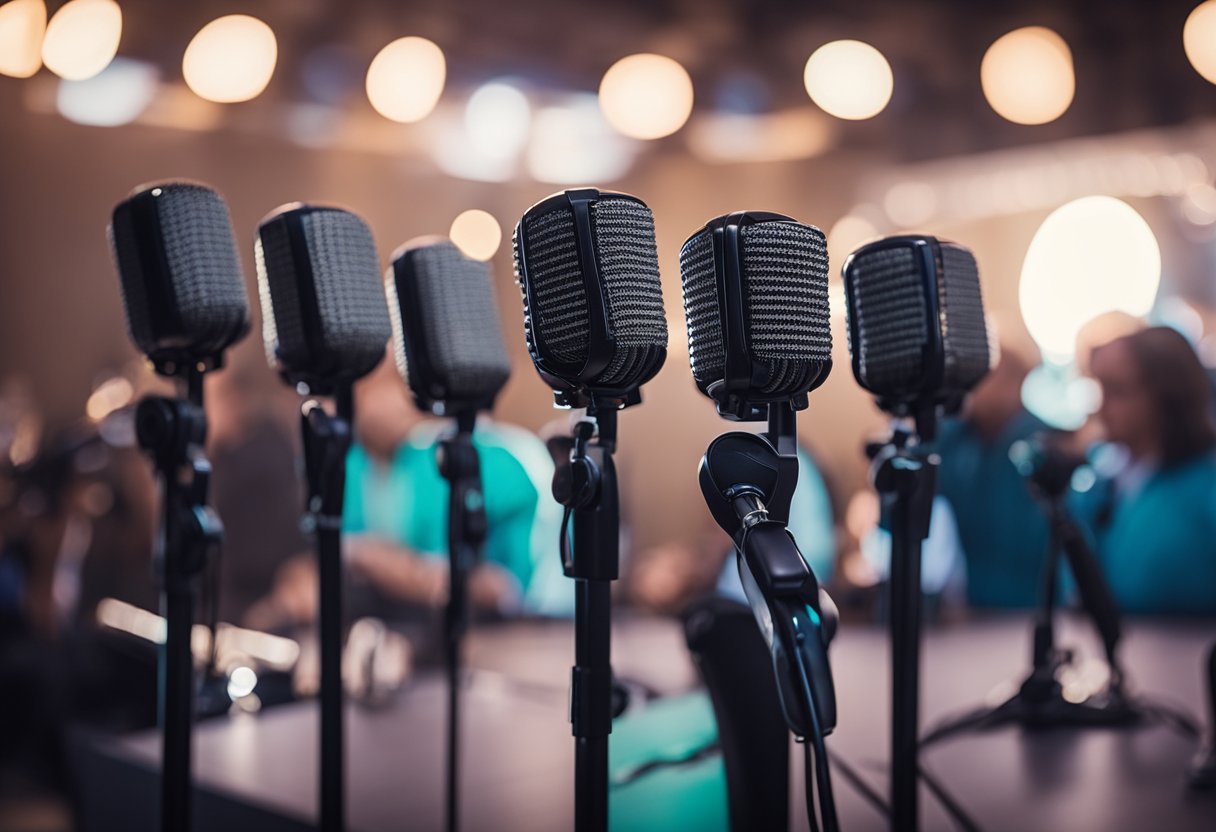 Um palco com seis microfones vibrantes, cada um representando uma das poderosas e inspiradoras palestras de Tony Robbins.