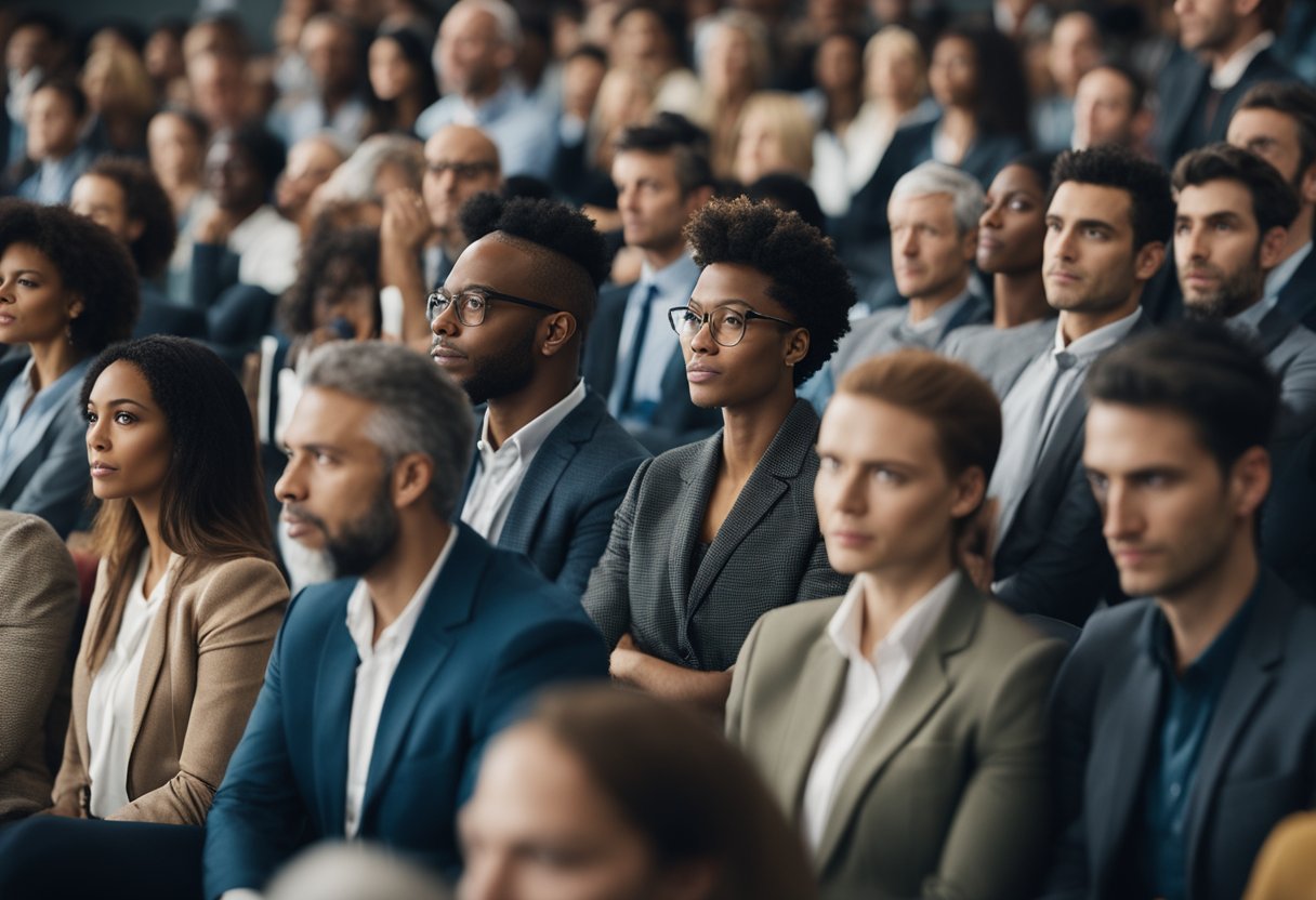 Um grupo diversificado de pessoas ouve atentamente a um palestrante em uma conferência, com expressões faciais e linguagem corporal engajadas.