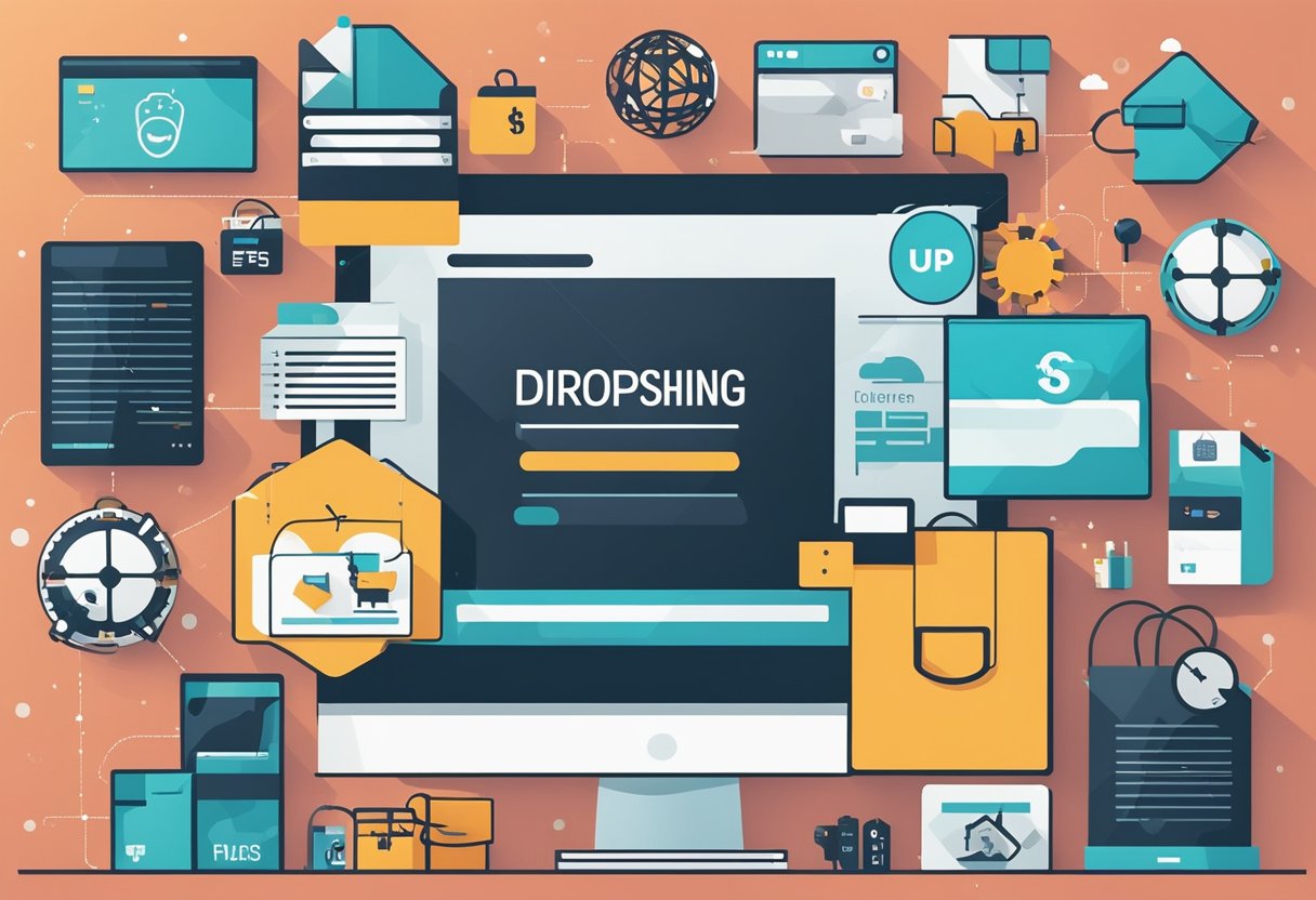 Uma tela de computador exibindo vários produtos únicos para dropshipping, cercada por ícones que representam maneiras inovadoras de ganhar dinheiro online.