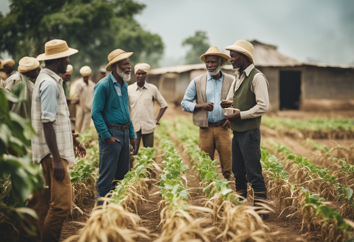 Um grupo de agricultores se reúne em uma cooperativa agrícola local, trocando ideias e métodos inovadores para a criação de riqueza.