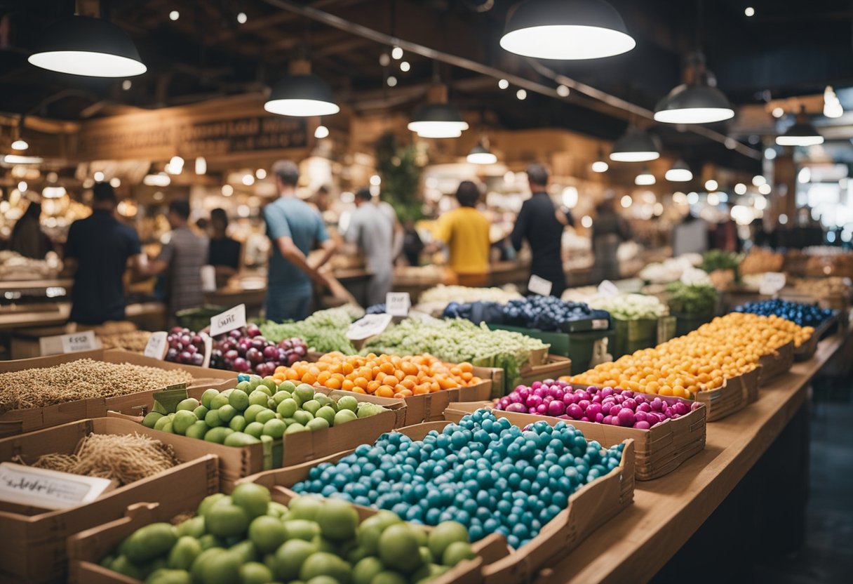 Um mercado movimentado com produtos locais coloridos expostos em mesas. Um logo de caixa de assinatura exibido de forma proeminente. Clientes animados navegando e se inscrevendo.