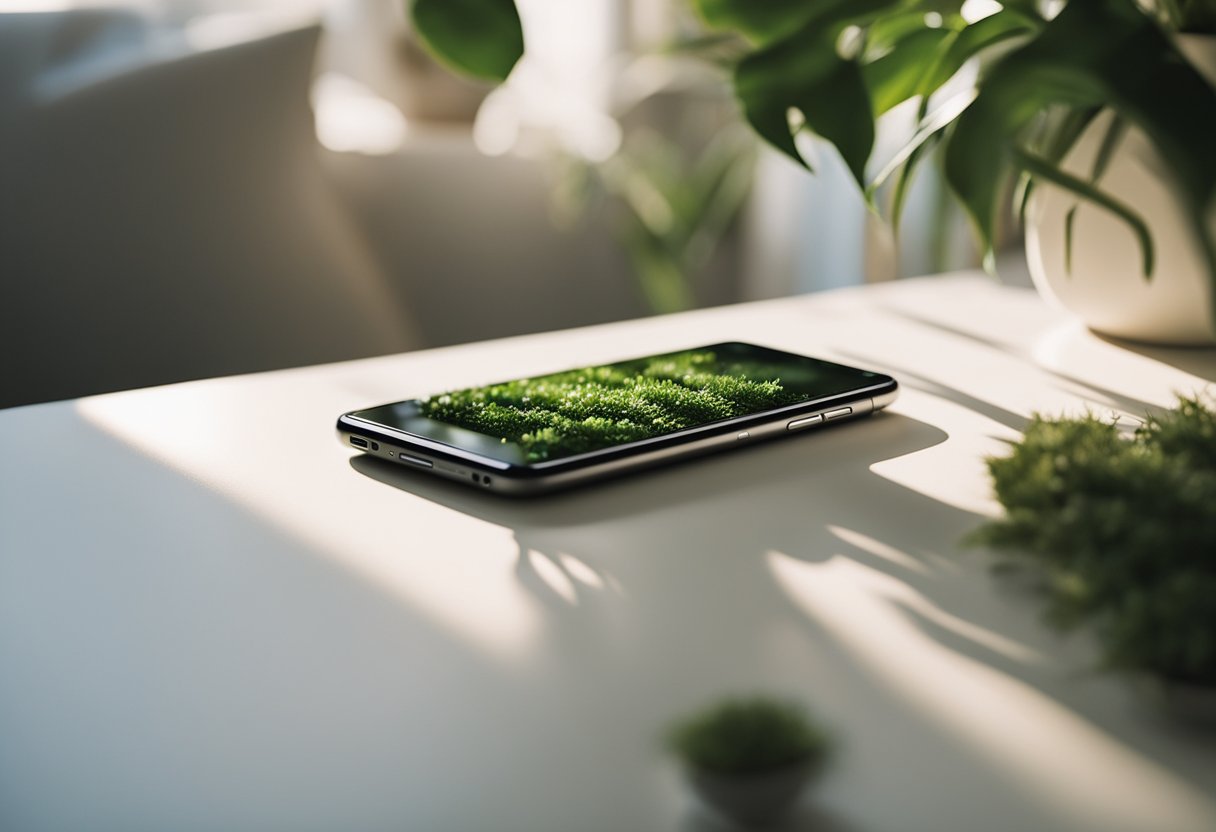 Um quarto sereno e minimalista com um smartphone exibindo um aplicativo de meditação, cercado por uma decoração tranquila e plantas.