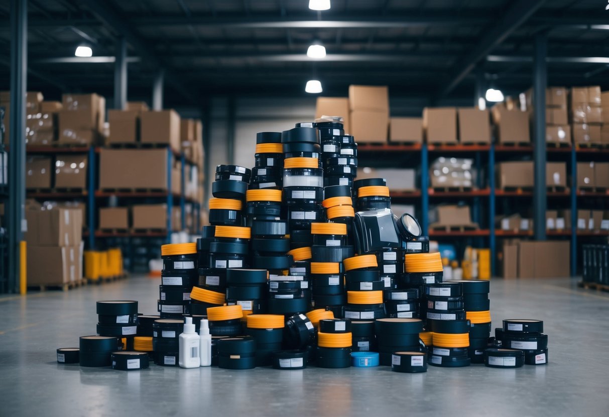 A pile of unsold products from failed Amazon FBA sellers, stacked in a dimly lit warehouse