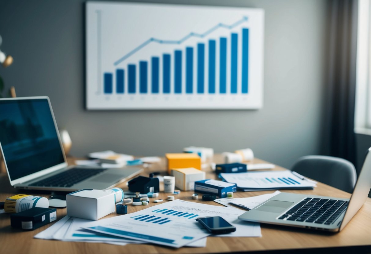 A cluttered desk with scattered products, a laptop, and financial documents. A graph on the wall shows a downward trend