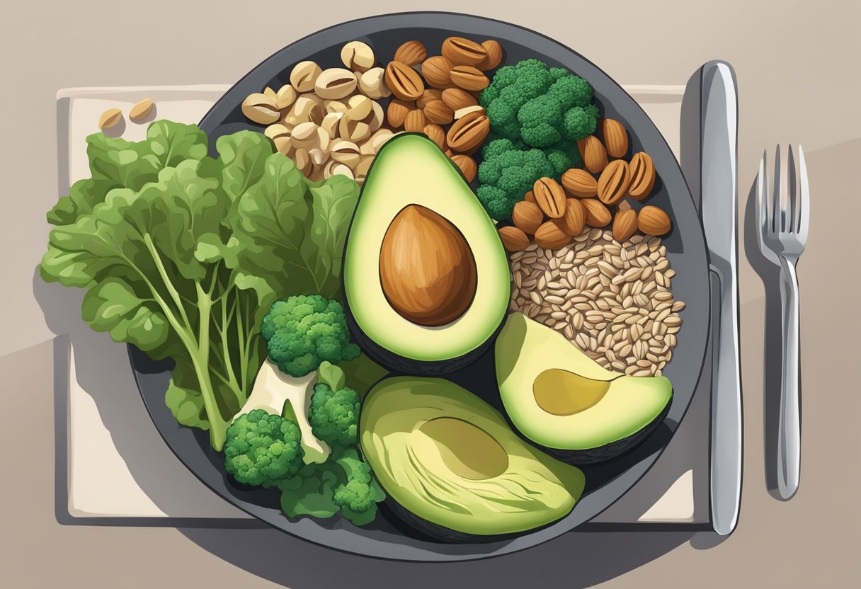 A colorful array of high fiber foods arranged on a keto-friendly plate. Avocado, broccoli, nuts, seeds, and leafy greens are neatly displayed