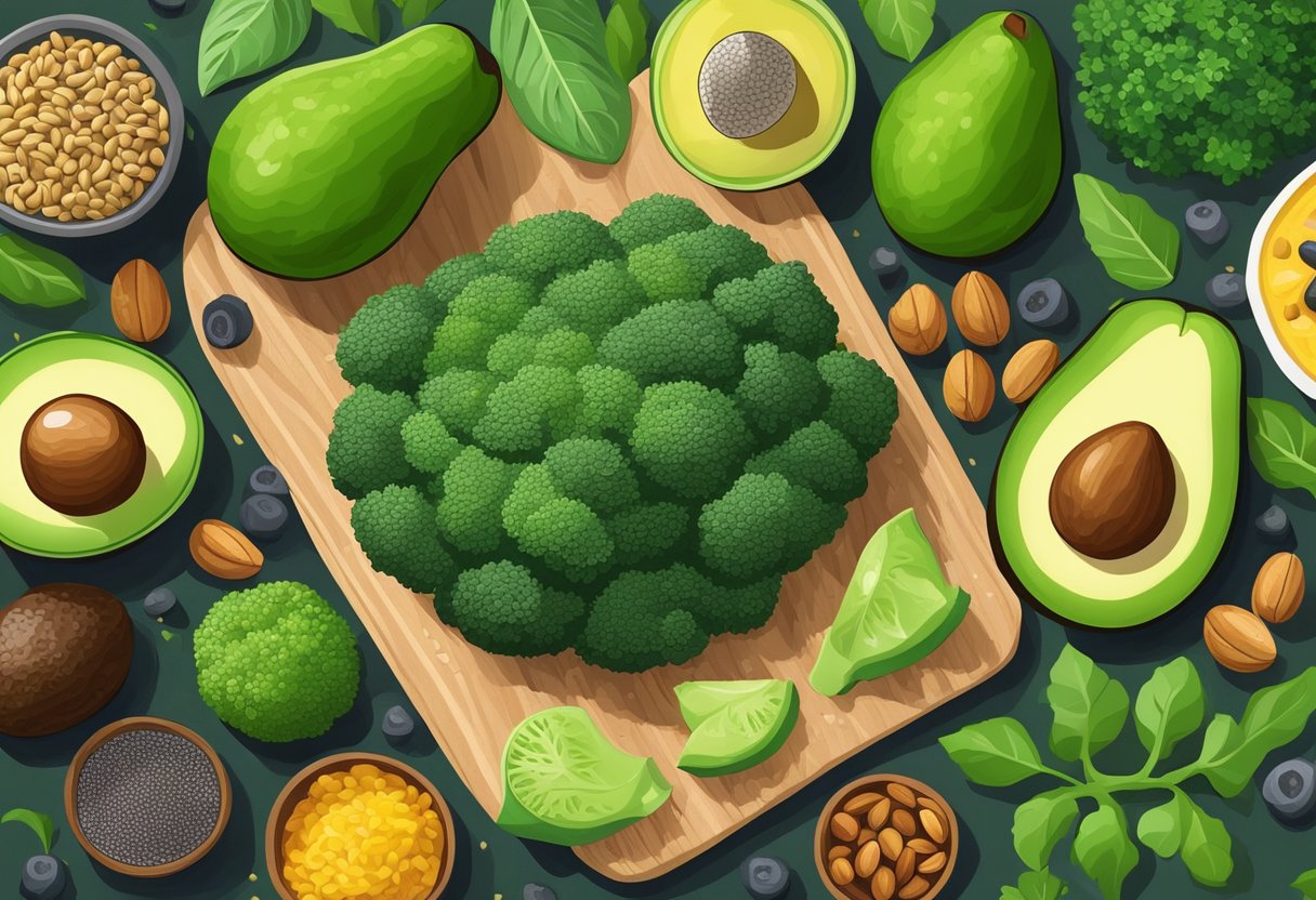 A colorful array of high fiber foods like avocados, broccoli, and chia seeds arranged on a wooden cutting board, surrounded by vibrant green leaves and a few scattered nuts and seeds