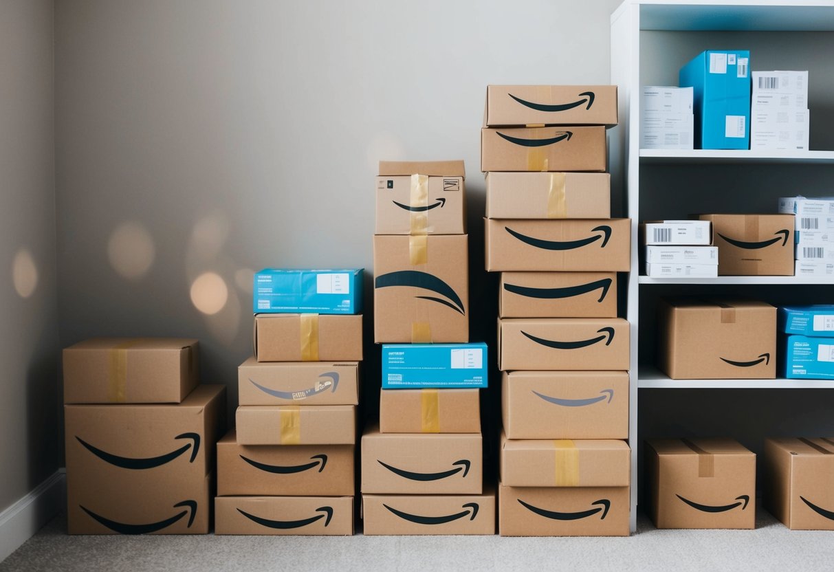 A pile of unsuccessful Amazon FBA seller packages, stacked in a corner, while a few successful seller packages stand out on a shelf