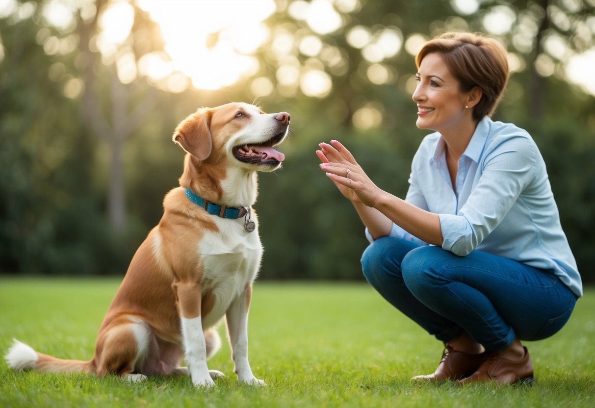 A happy dog sitting and looking up at its owner, ready to follow commands