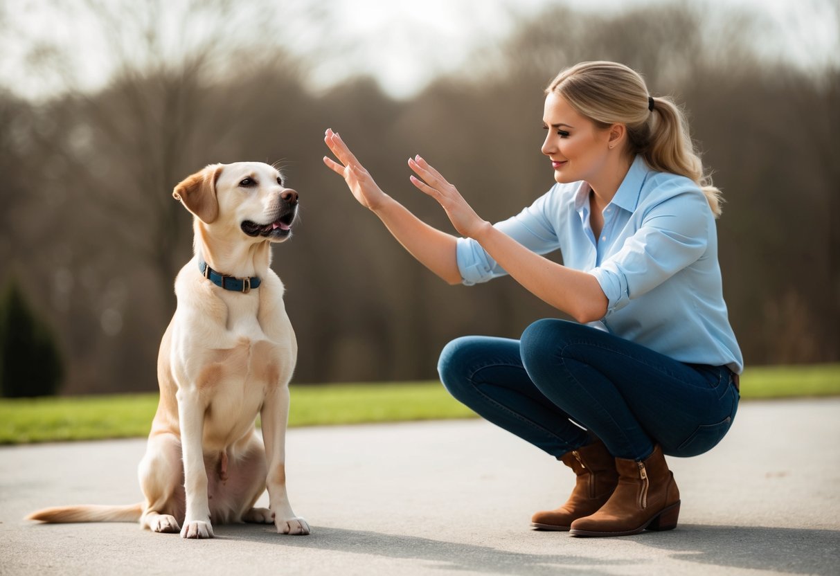 A dog owner calmly uses hand gestures to command their dog to sit and stay, while the dog eagerly follows the commands