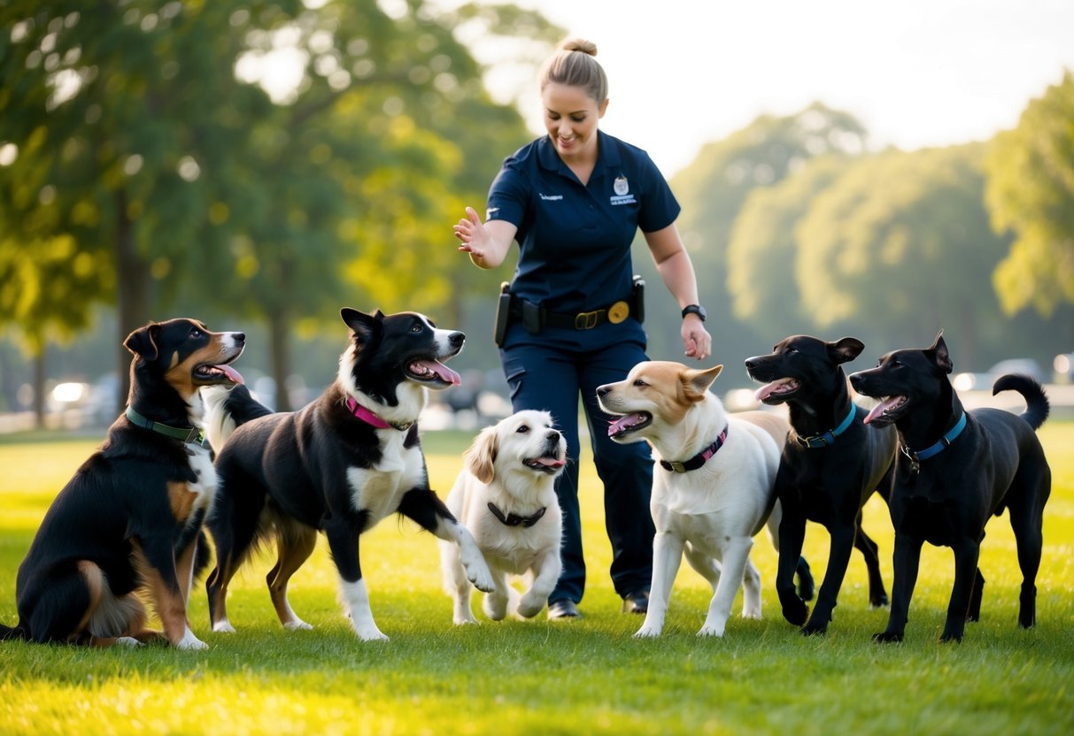 A group of dogs of various breeds and sizes interacting and playing together in a park setting, with a trainer demonstrating essential commands in the background