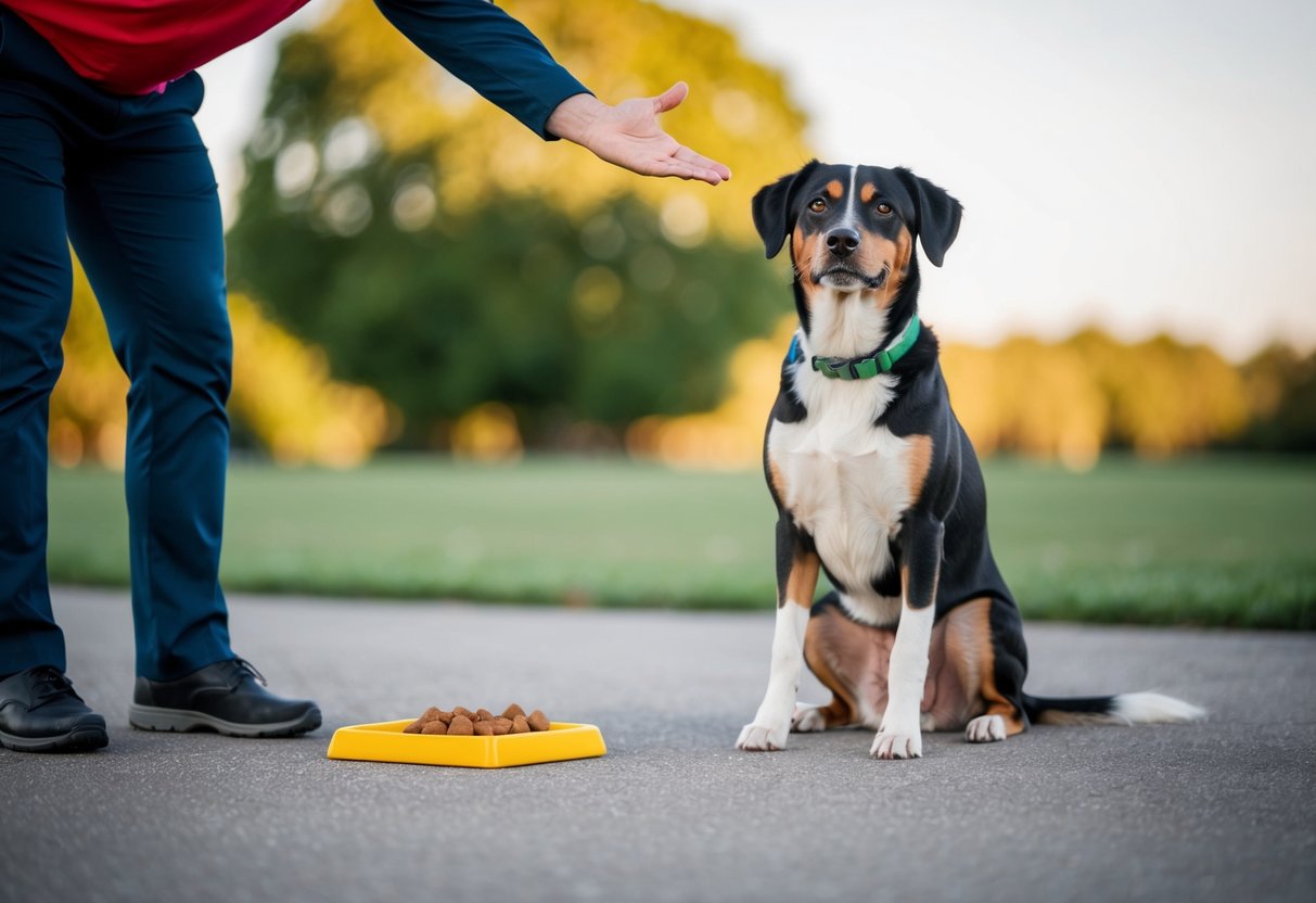 A dog sitting attentively while a trainer uses hand gestures for commands like sit, stay, and come, with treats nearby for positive reinforcement