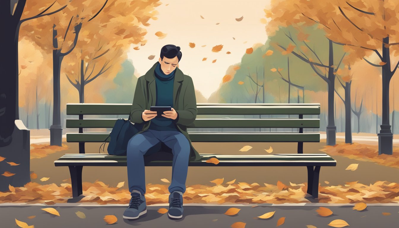 A person sitting alone on a park bench, staring at their phone with a pensive expression, surrounded by fallen leaves and a sense of longing