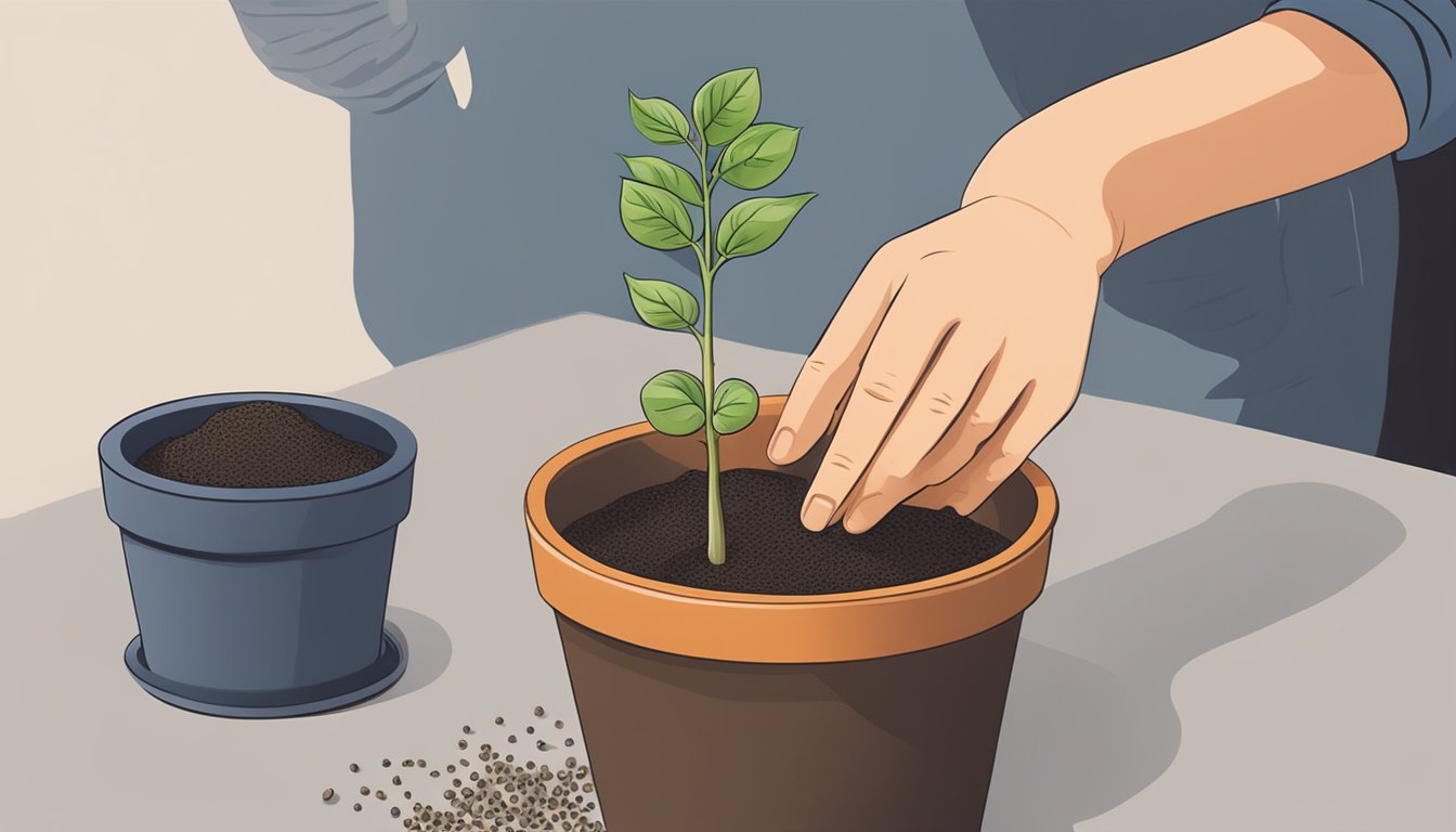 A person's hand planting a seed in a pot, with a small sprout beginning to emerge