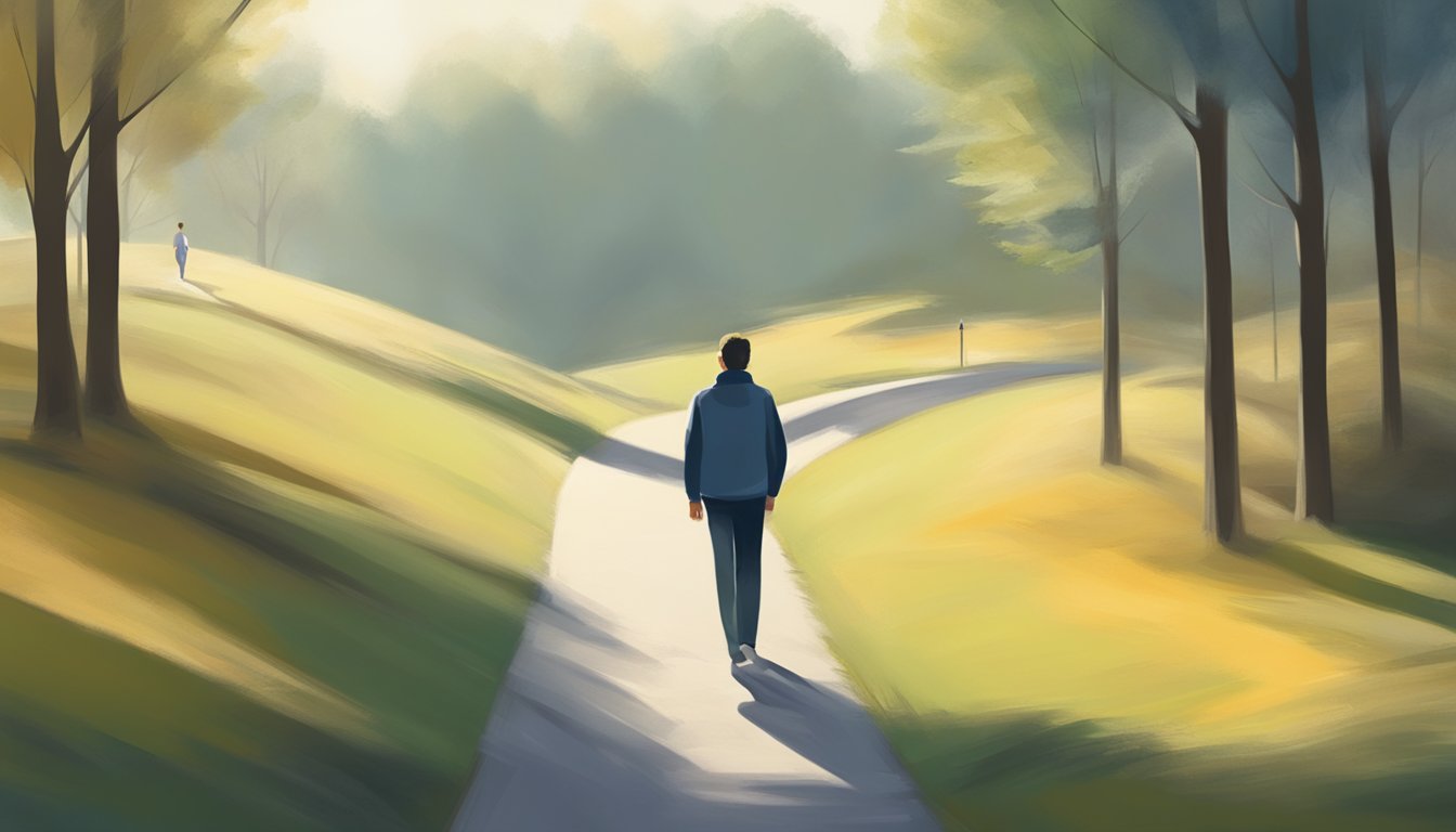 A person walking along a path with a clear direction ahead, leaving behind a blurred and uncertain background