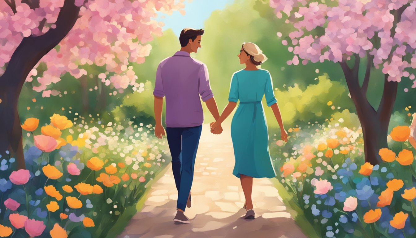 A couple walking through a blooming garden, holding hands and smiling