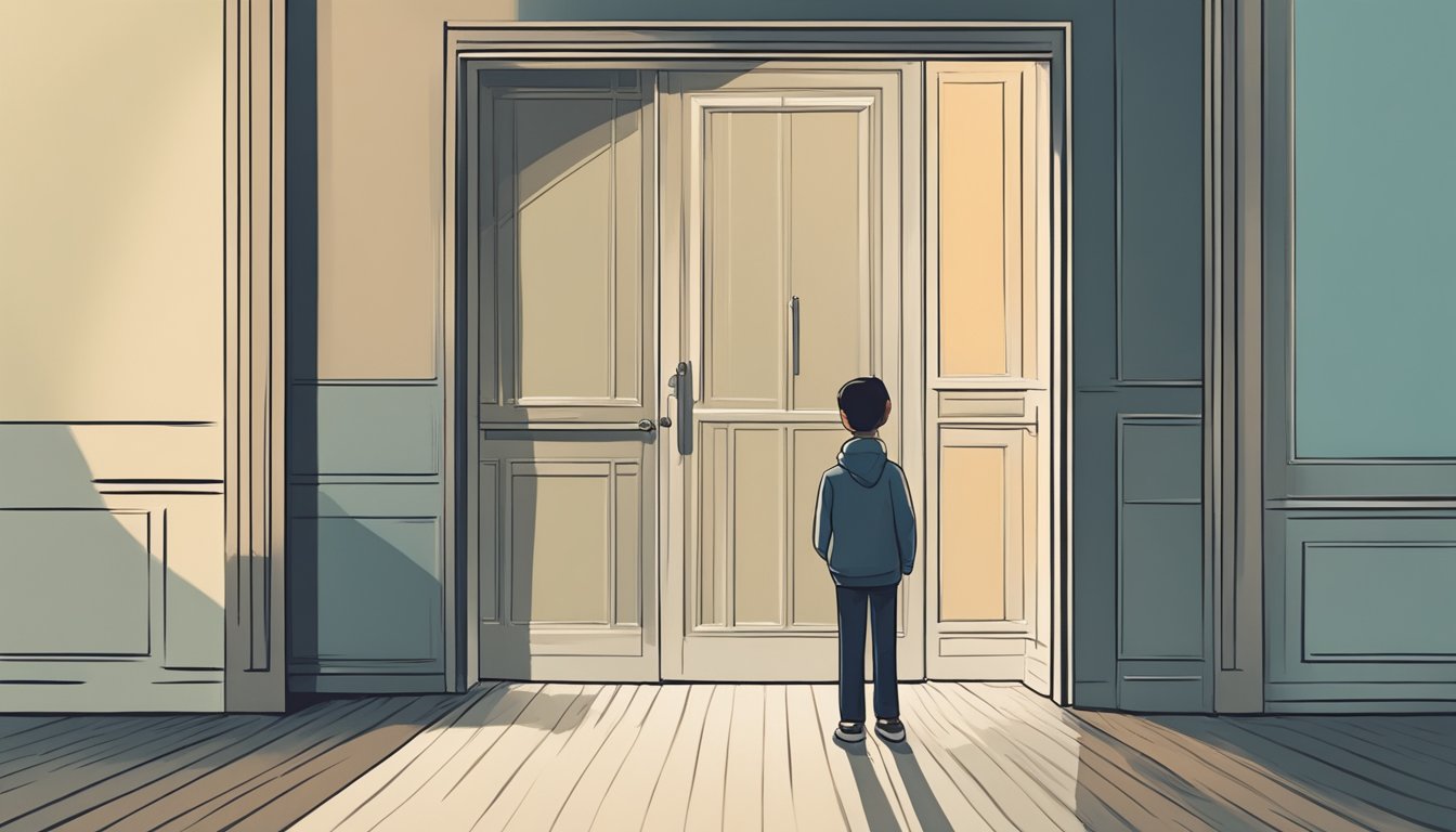 A person walking towards a closed door with a determined expression, reaching out to knock or open it