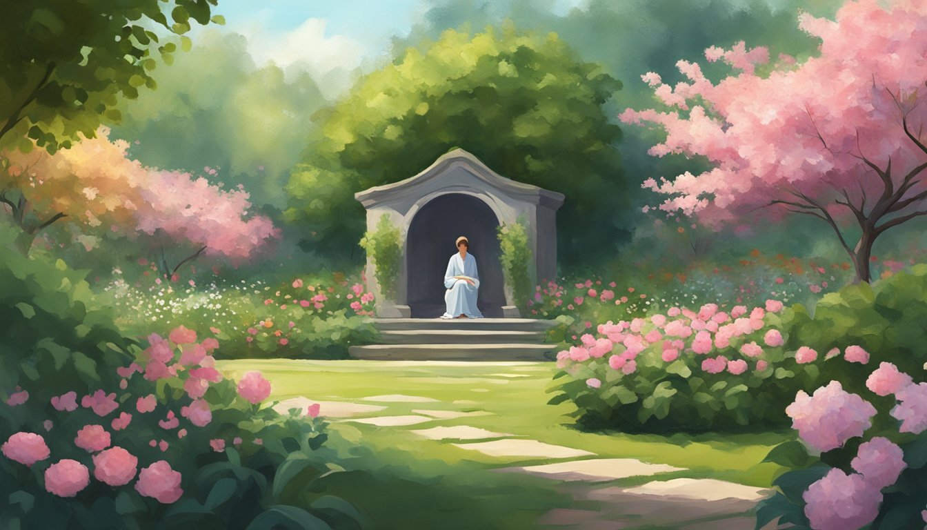 A solitary figure sits in a peaceful garden, surrounded by blooming flowers and lush greenery. The atmosphere is serene and calm, evoking a sense of personal growth and self-reflection