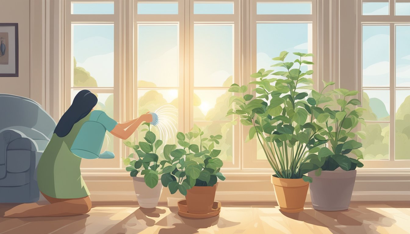 A person watering a small plant in a sunny, well-lit room