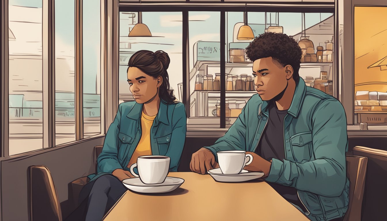 Two individuals sitting at a coffee shop, one leaning in with a serious expression while the other looks uncertain