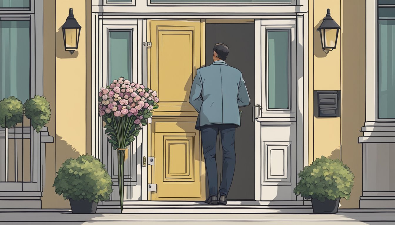 A person holding a bouquet of flowers, standing outside a closed door, with a remorseful expression