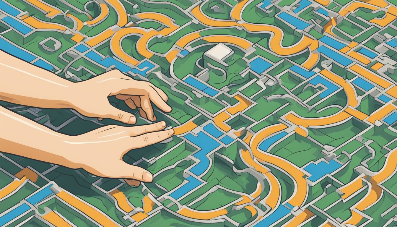 A person's hand reaching out towards a puzzle with two pieces fitting together, surrounded by tangled ropes and a maze