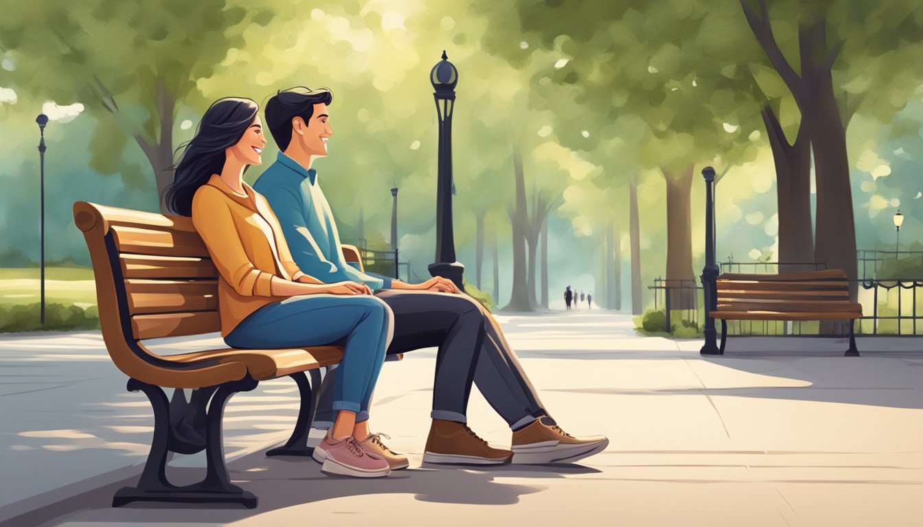 A couple sitting on a park bench, smiling and holding hands, with a peaceful and loving atmosphere around them