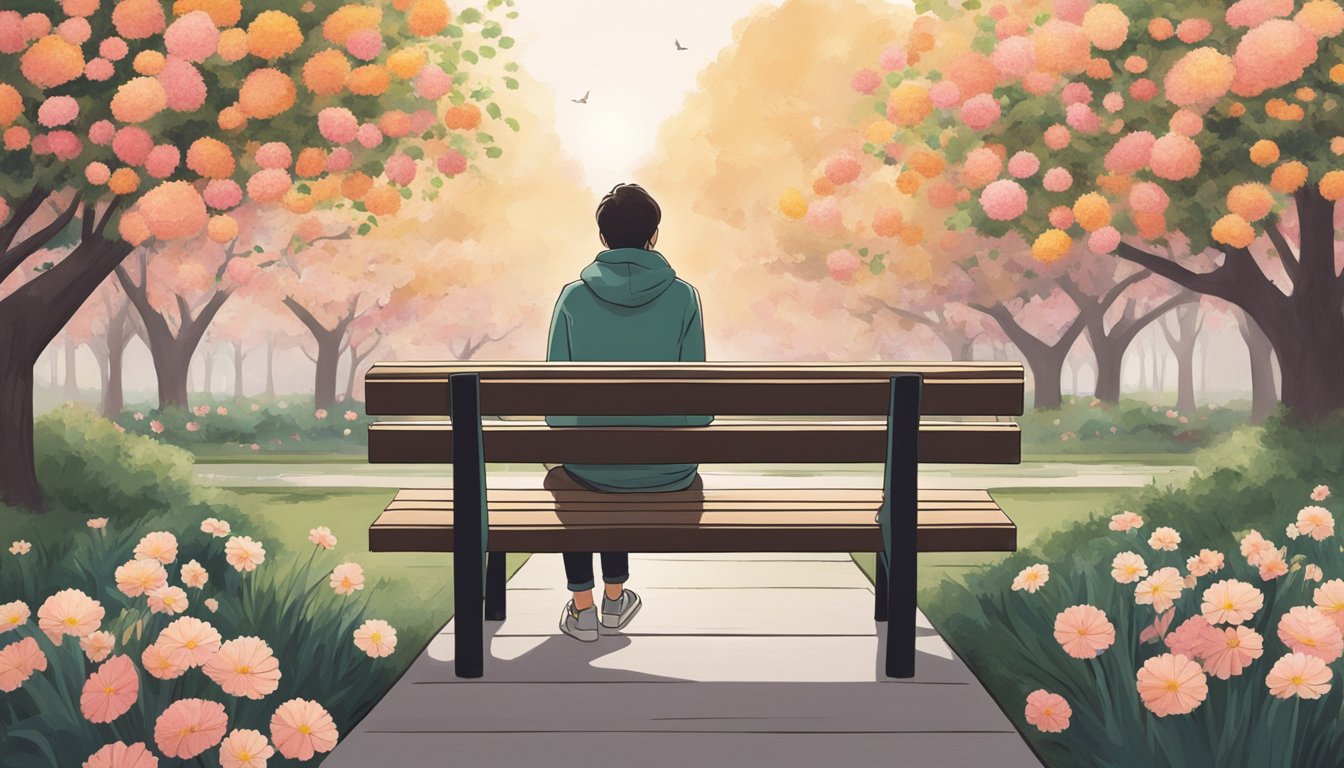 A person sitting alone on a park bench, surrounded by blooming flowers and trees, looking contemplative