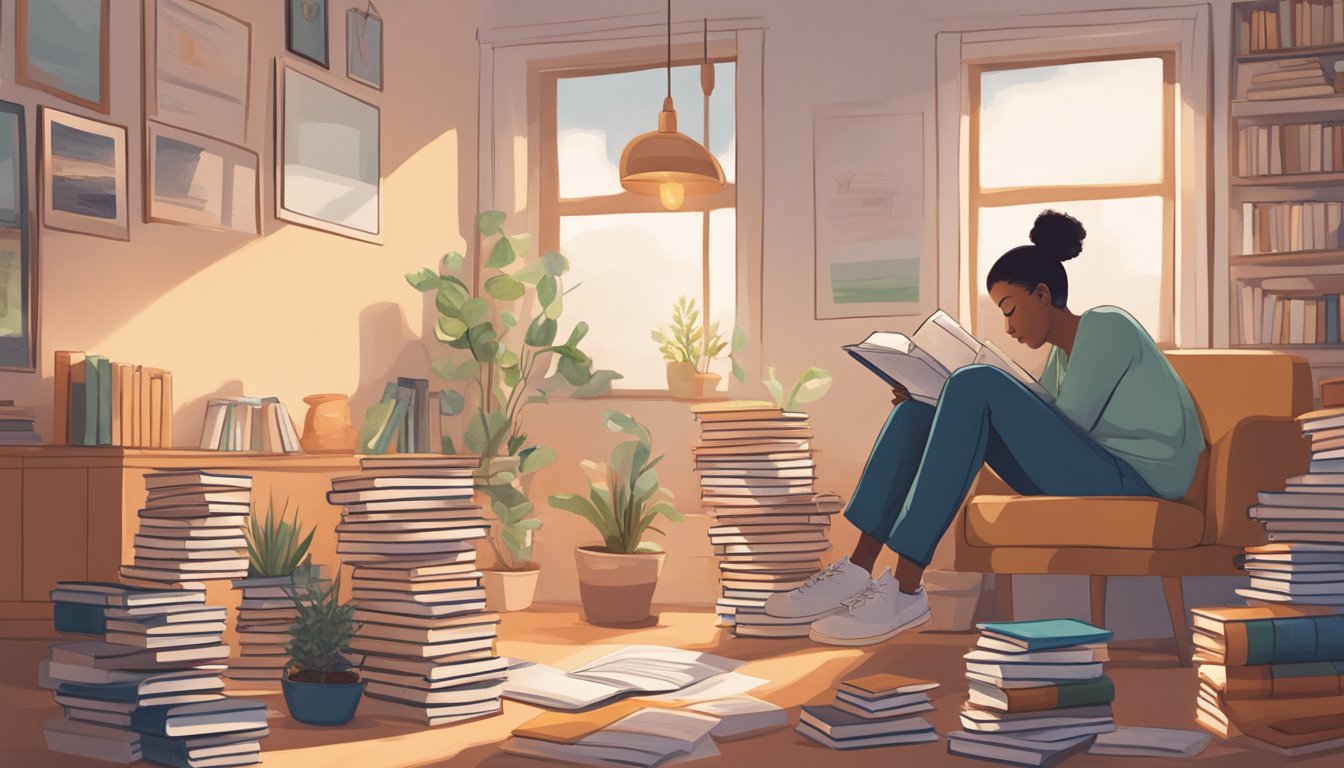 A person sitting alone in a cozy, sunlit room, surrounded by a stack of self-reflection and personal growth books, with a single book on how to get your ex back placed at the top