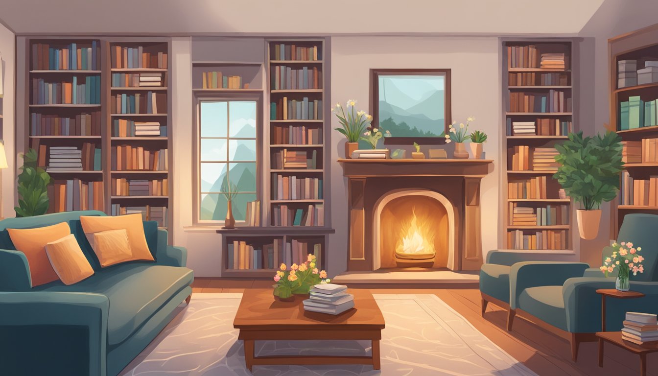 A cozy living room with a crackling fireplace, a bookshelf filled with relationship self-help books, and a vase of fresh flowers on the coffee table