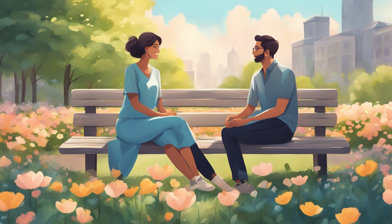 A couple sitting in a peaceful park, having a meaningful conversation, surrounded by blooming flowers and a gentle breeze