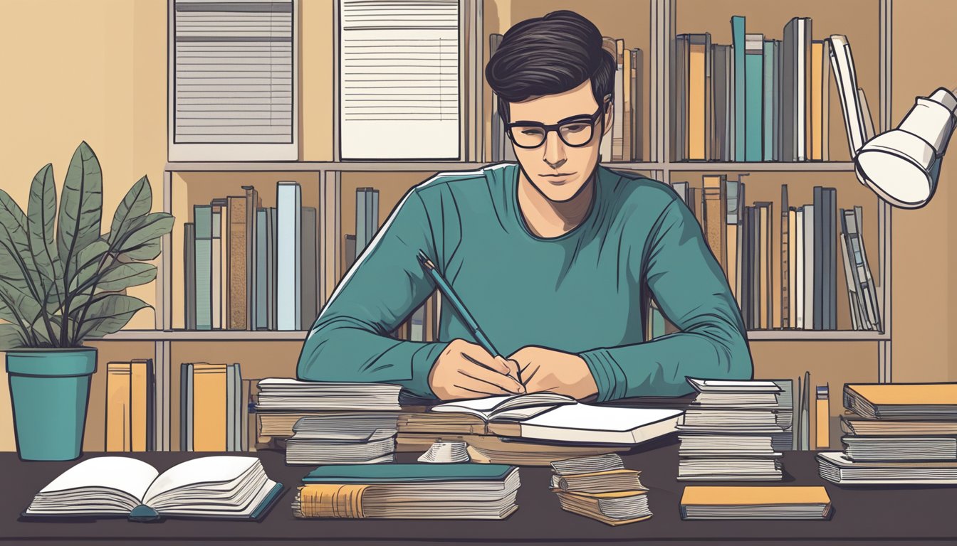 A person sitting at a desk surrounded by self-help books, with a notebook and pen, appearing contemplative