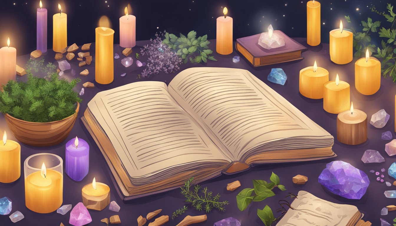 A table covered in candles, herbs, and crystals, with a book open to a page on love spells