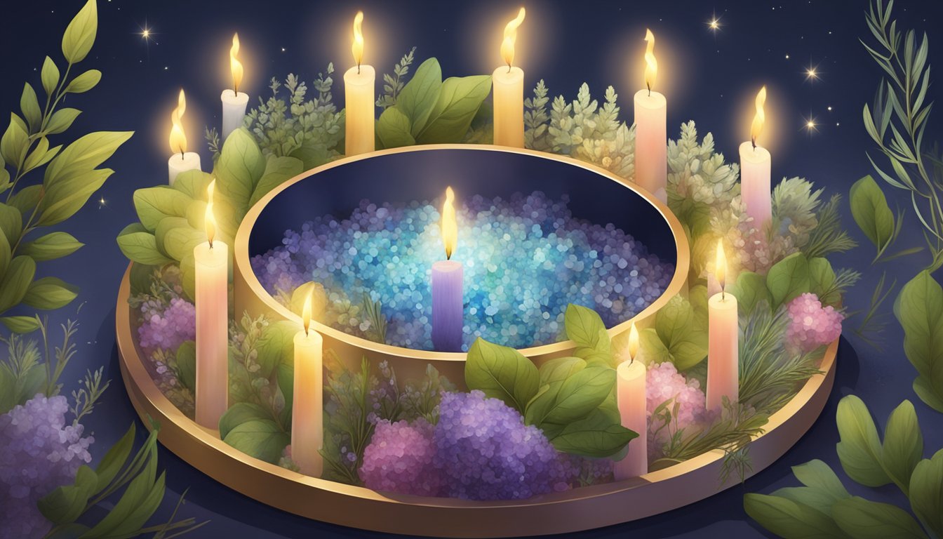 A glowing circle of candles surrounding a small, ornate box filled with herbs and crystals, with a faint shimmer of energy in the air