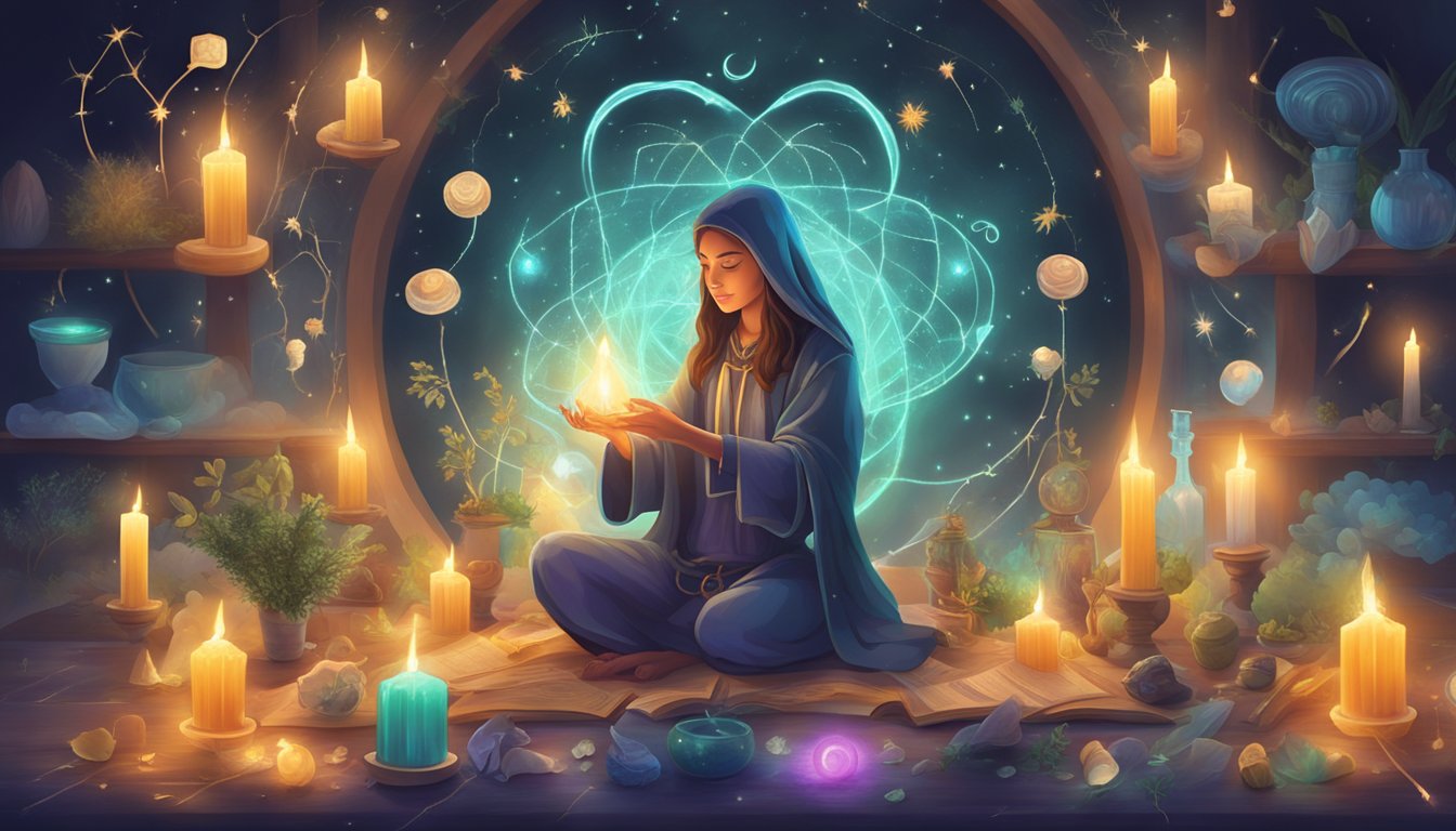 A person casting a spell with candles and herbs, surrounded by mystical symbols and a glowing aura