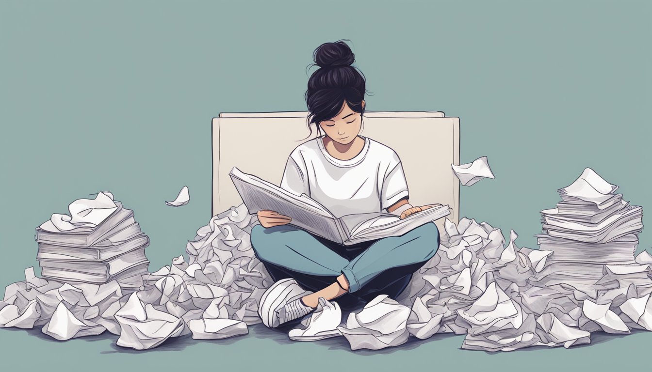 A person sitting alone, surrounded by crumpled tissues and a book titled "Understanding Breakups: How to Get Your Ex Back."