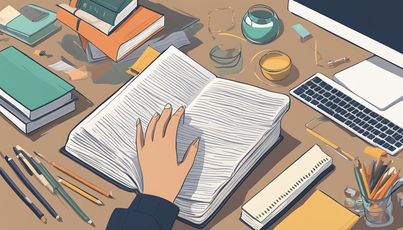 A person's hand reaching for a book titled "Preparing for Reconciliation: How to Get Your Ex Back" on a cluttered desk