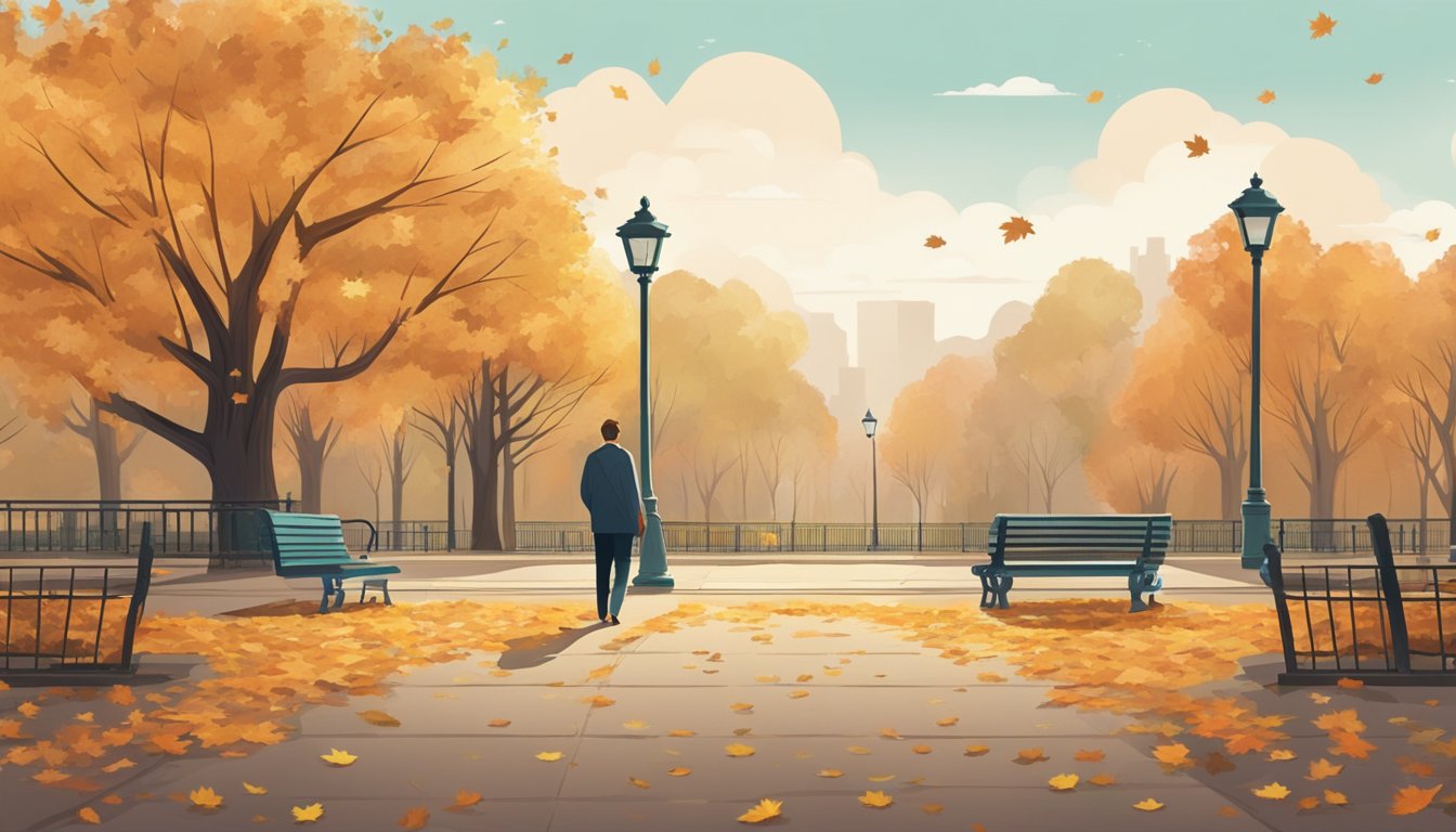 A person sitting alone on a park bench, surrounded by fallen leaves and a distant figure walking away