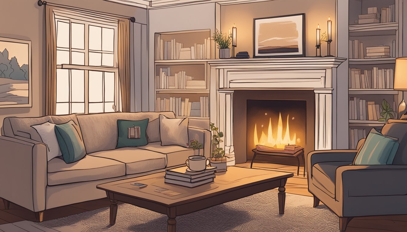 A cozy living room with a crackling fireplace, a plush couch, and soft candlelight casting a warm glow. A book titled "How to Get Your Ex Back" sits on the coffee table