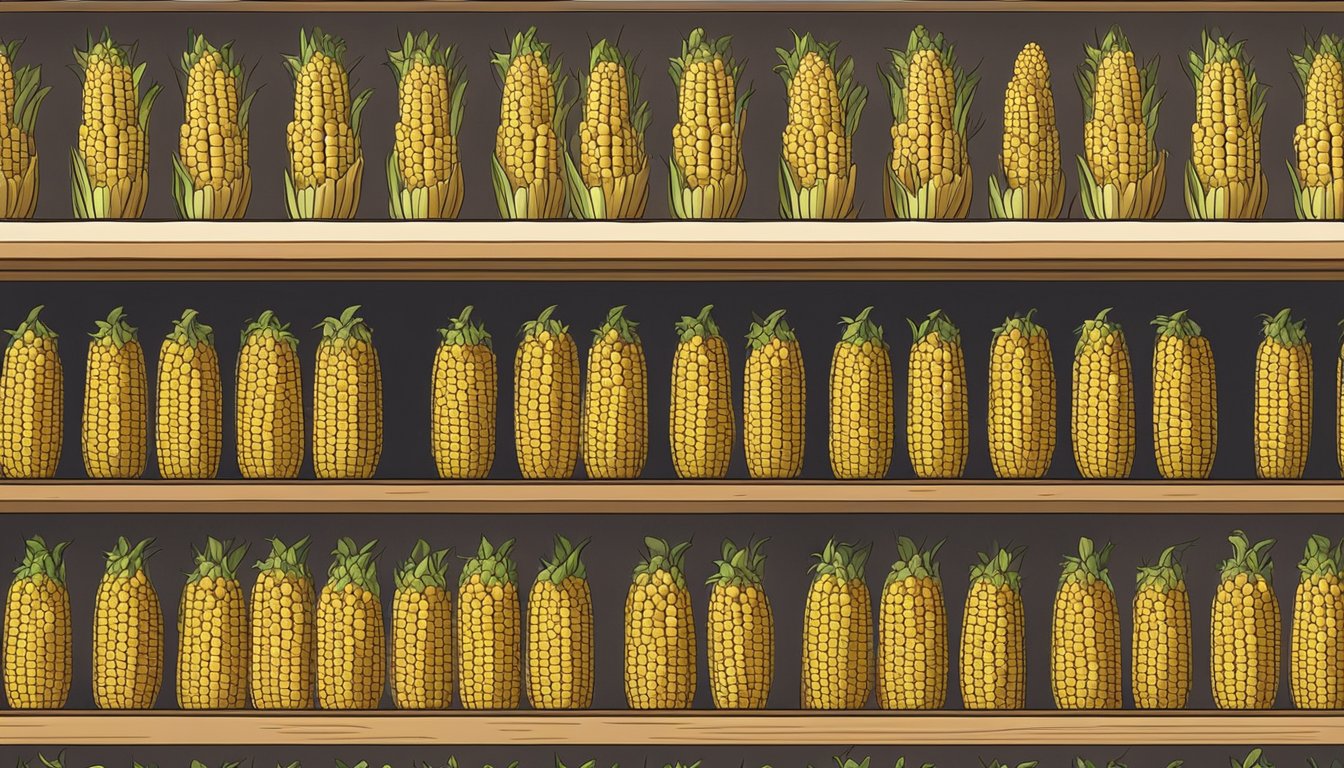 A hand reaching for a set of corn on the cob holders displayed on a shelf in a kitchenware store