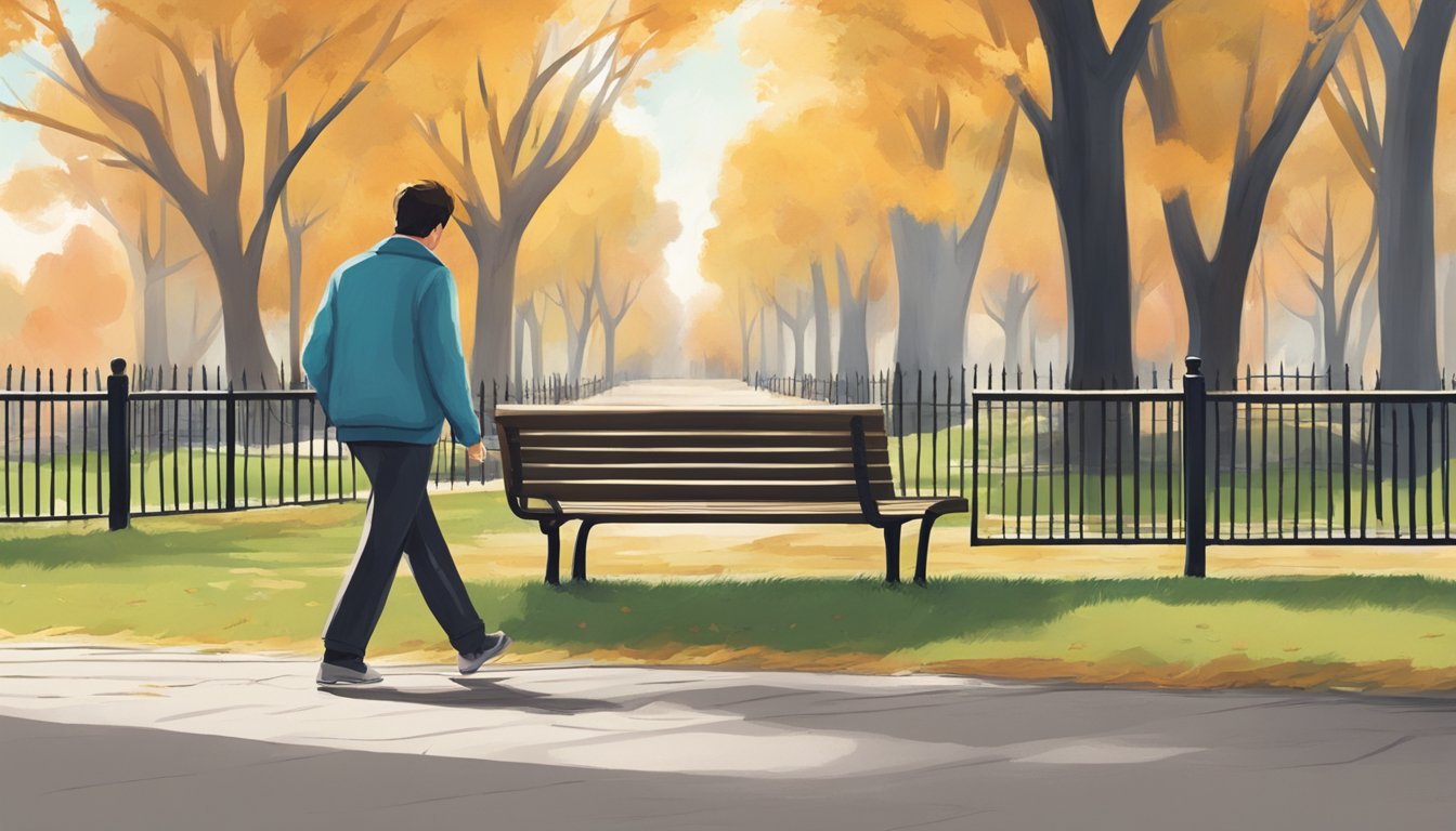 A person walking away from a closed book, leaving it behind on a park bench