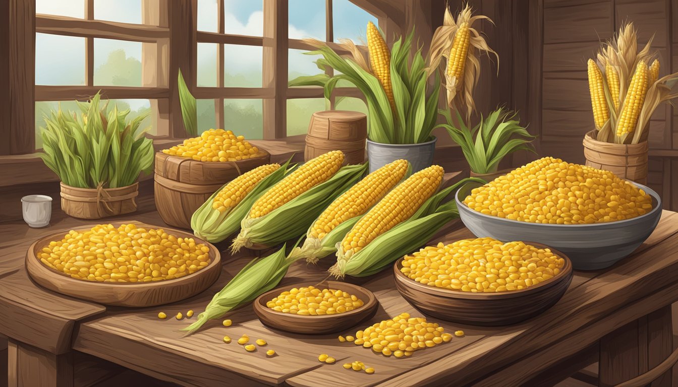 A rustic wooden table with a pile of freshly picked corn on the cob and a set of homemade corn holders displayed for sale