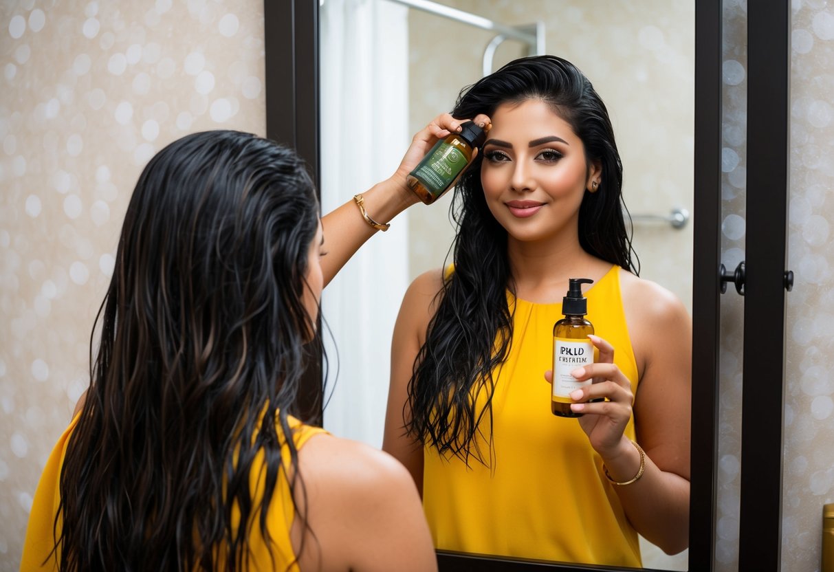 A woman applies batana oil to her hair, standing in front of a mirror with a bottle of oil and her hair either wet or dry