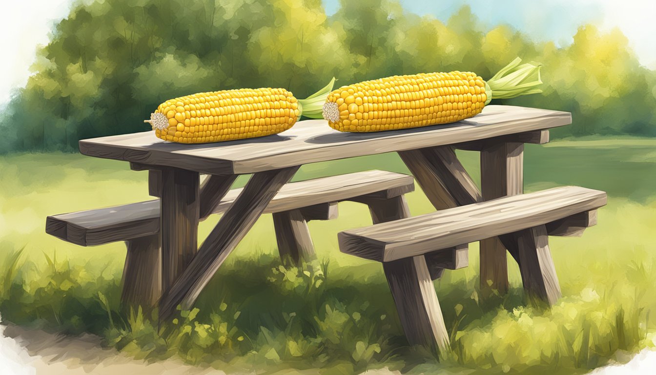 Two conclusion corn on the cob holders on a picnic table